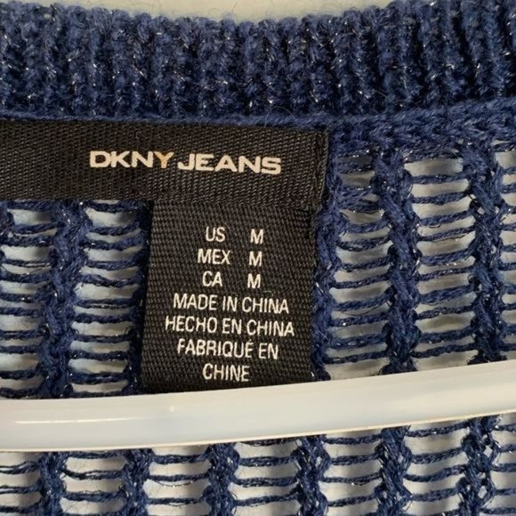 DKNY Jeans Tunic Sweater Medium Blue Silver Metallic Open Knit Long Sleeves - Picture 8 of 9